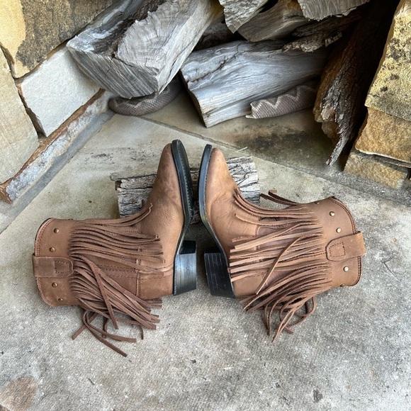 Old West leather round toe western brown fringe kids boots Sz-7.0D.   J - Picture 6 of 11